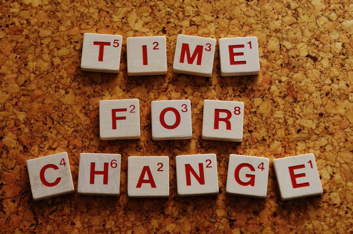 Time for change written with scrabble letters
